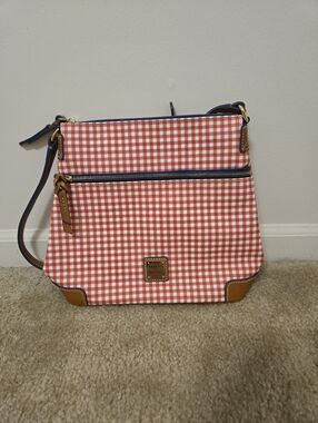 Dooney And Bourke White/Red Gingham Pattern Messenger Crossbody Bag